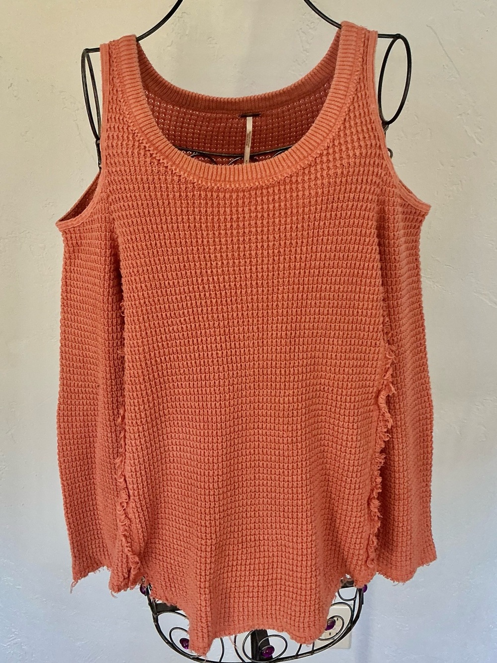 Free People Cold-Shoulder Waffle Knit Sweater with Raw Hem